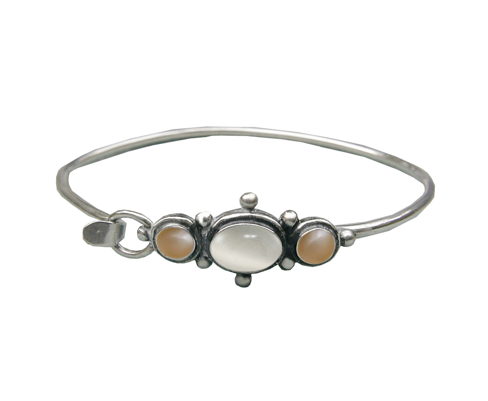 Sterling Silver Strap Latch Spring Hook Bangle Bracelet White And Peach Moonstone